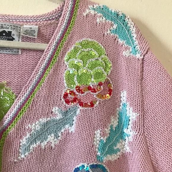Handknits by Storybook Knits Sequin Peonies Embroidered Cardigan Cottagecore 1X - Picture 7 of 16